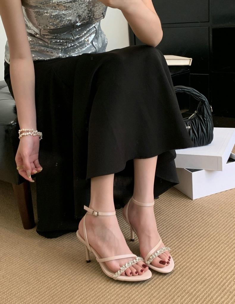 2025 spring new round head thin heel high heel temperament thin French fashion sexy beauty open-toed women's sandals