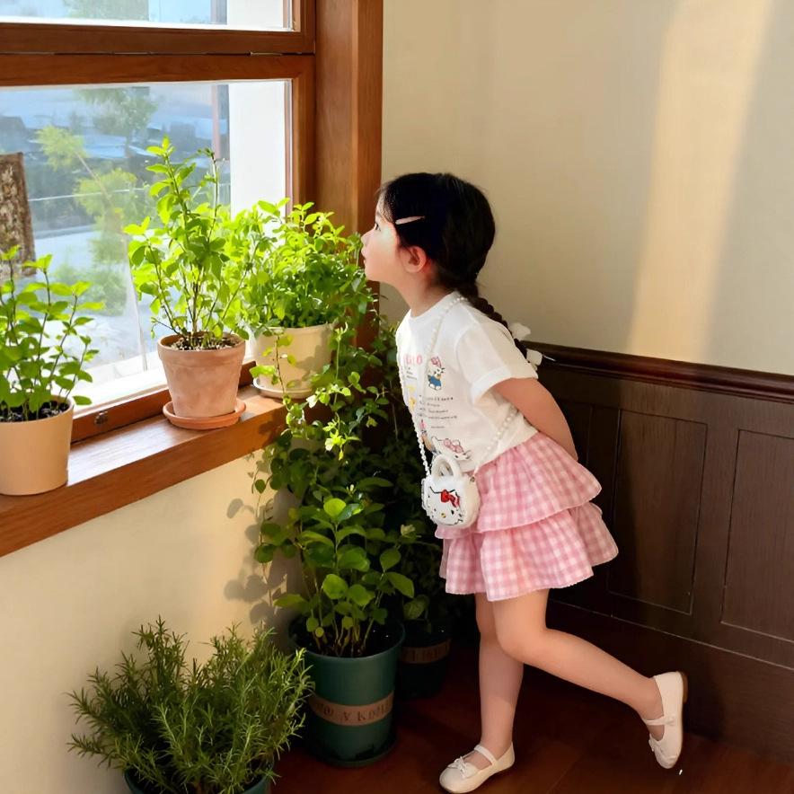 2025 Korean Summer Cute Cat Print Short Sleeve Plaid Skirt Set