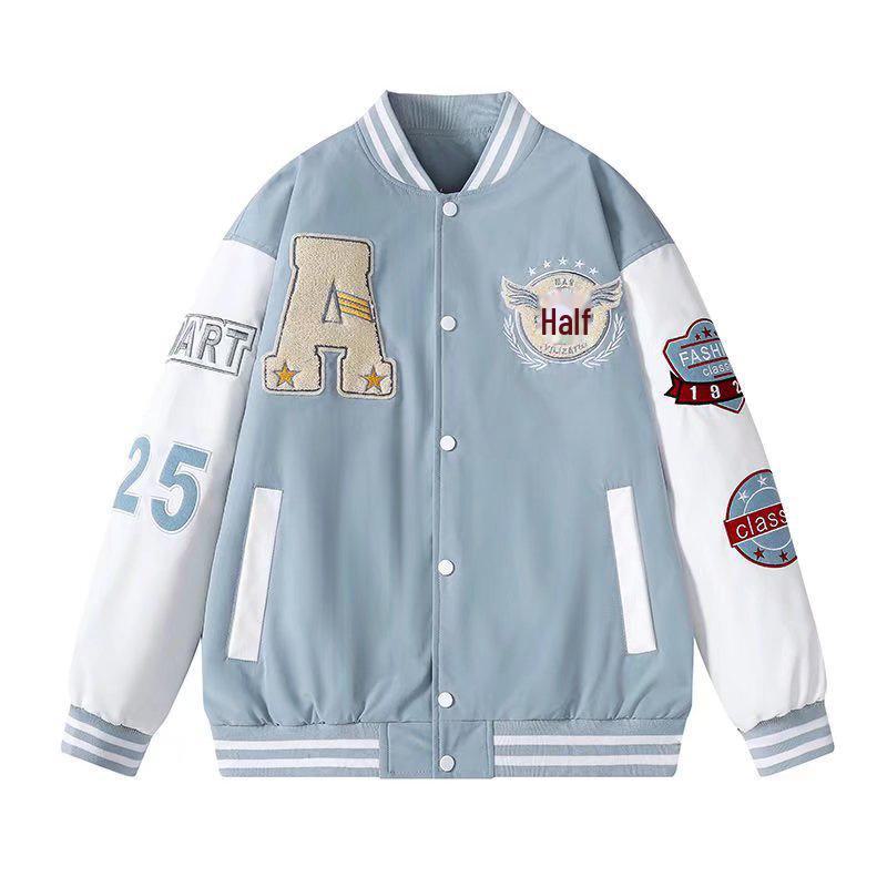 

Мужская осенняя бейсбольная куртка с вышитым буквенным принтом — свободный крой для пар или подростков-студентов, длинный рукав. Double Extra Large светло-синий