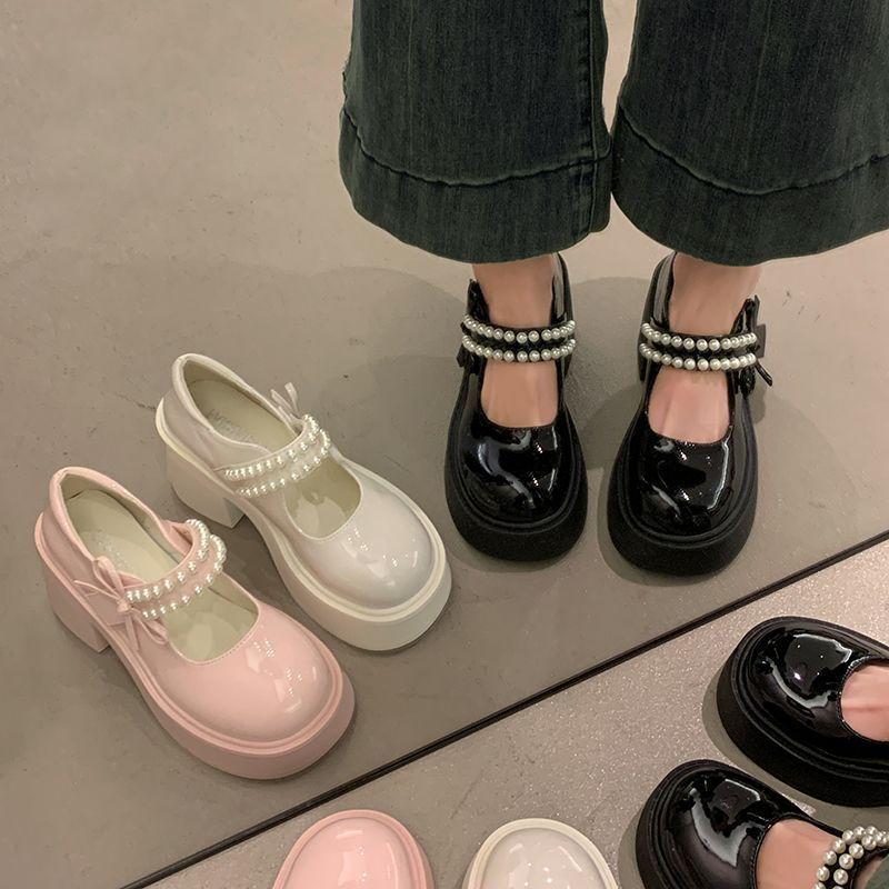 Popular Mary Jane Shoes Women's Summer 2025 New Sweet Fashion Pearl with Skirt Platform Lightweight Small Leather Shoes