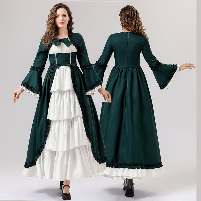 Halloween Medieval Vintage Gothic Court Dress Square Neck Waist Splicing Bow Dress