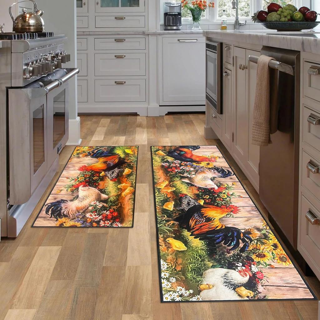 1/2 Pcs Rooster Kitchen Rug Home Decor, Rustic Farmhouse Style Decorative Kitchen Mat, Non-slip Corridor Foot Mat