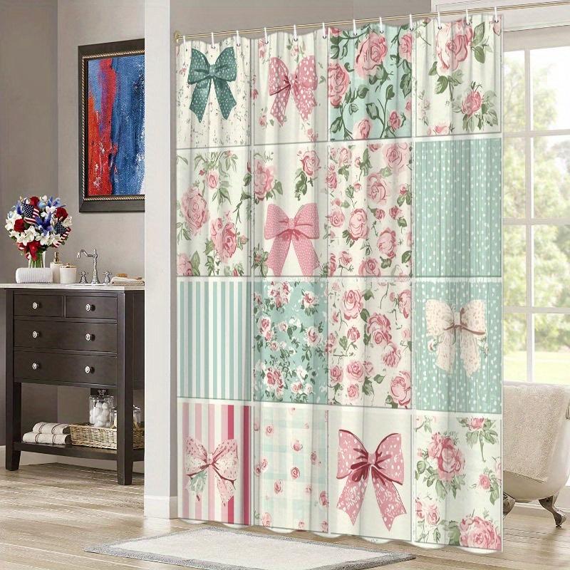 1 Stück Blumen- & Pünktchen-Duschvorhang - Rosa Rosen & Grüne Blätter, Pastell-Design, Polyester, 12 Haken, Badezimmer-Dekoration