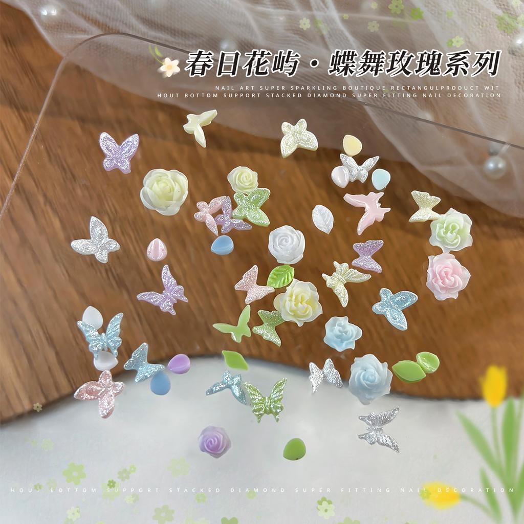 New Sparkling Butterfly Nail Accessories Mixed With Dopamine Camellia Pearl Petals DIY