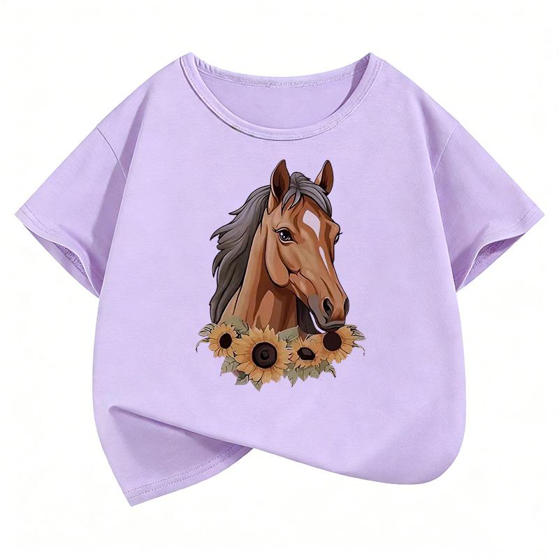 Fashion Horse with Flower T-Shirt Girls Animal Printed T Shirt Girls' Summer Clothes Short Sleeve Tops T-Shirts Cute Clothing