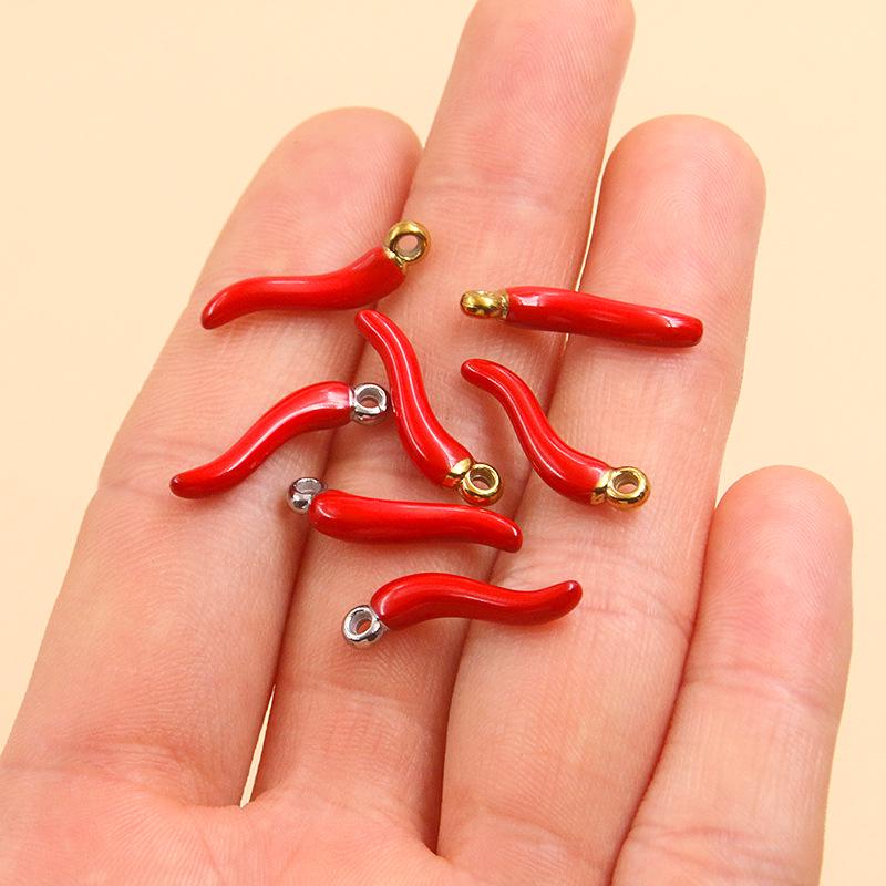 304 Stainless Steel Red Chili Oil Drip Pendant Charm, Vacuum Electroplated, 6x20mm