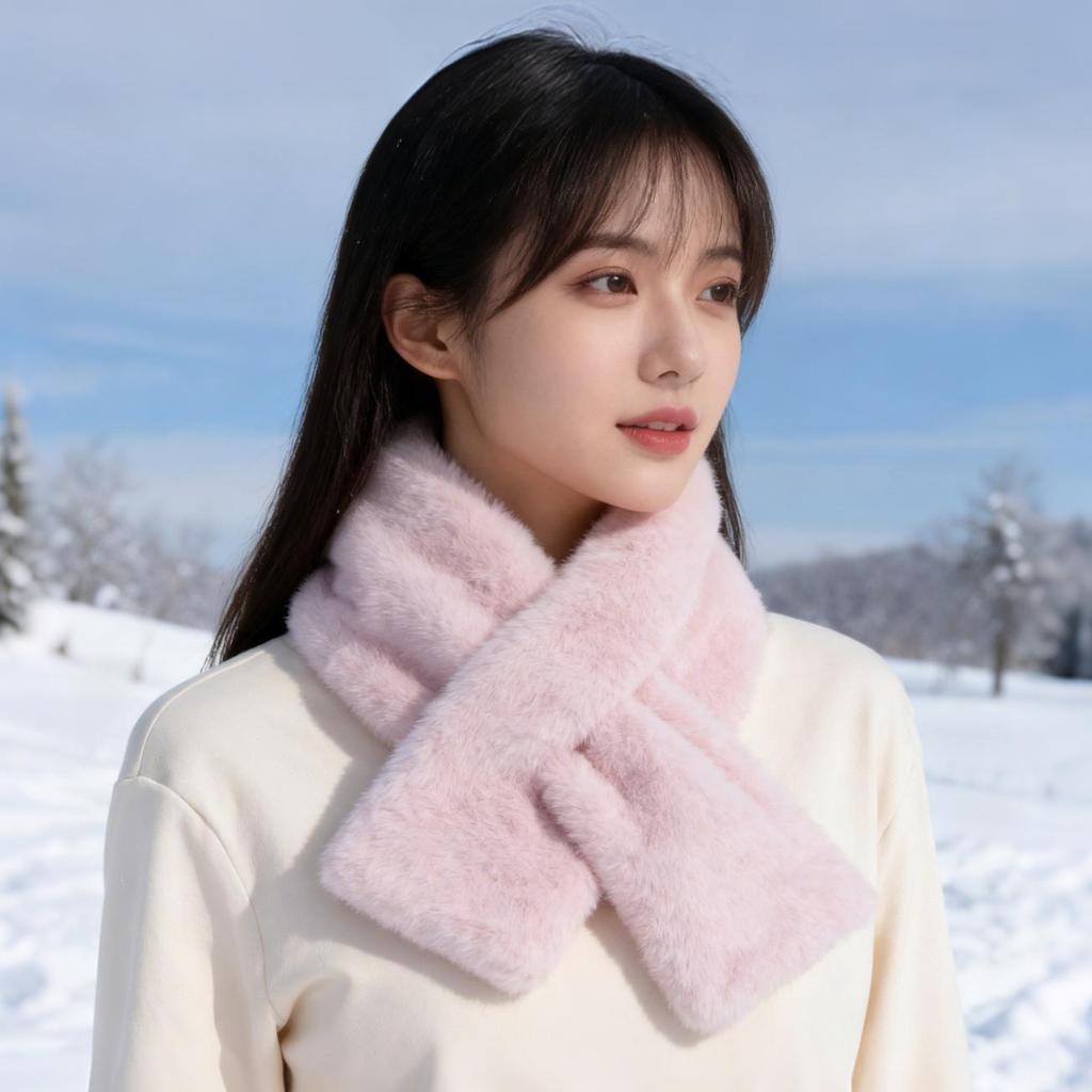Korean Women's Plush Winter Scarf, High-Grade Pure Color, Thick and Warm Imitation Rabbit Fur Neck Wrap