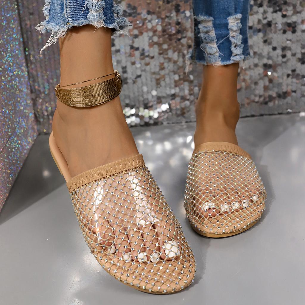 Large Size Fishing Net Socks Slippers Women's 2025 Summer New European and American Rhinestone Flat Sandals Shoes