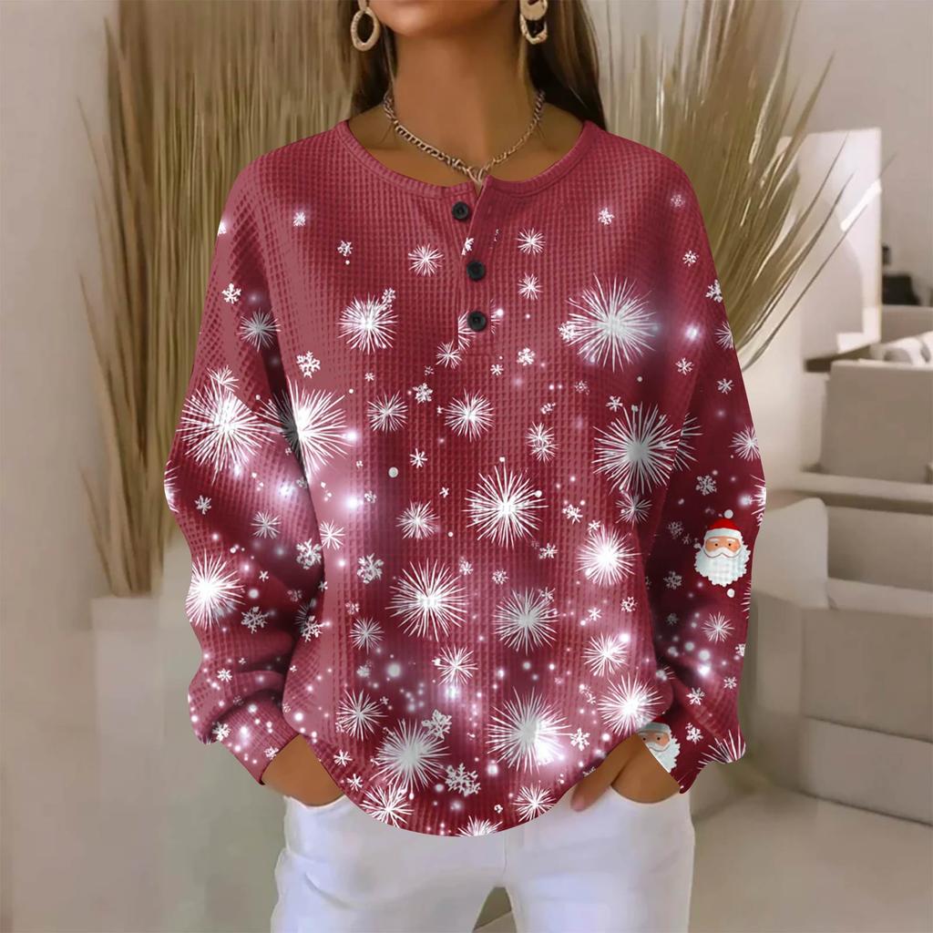 Women's Fashionable Casual Christmas Print V-Neck Long-Sleeved Button-Down Blouse