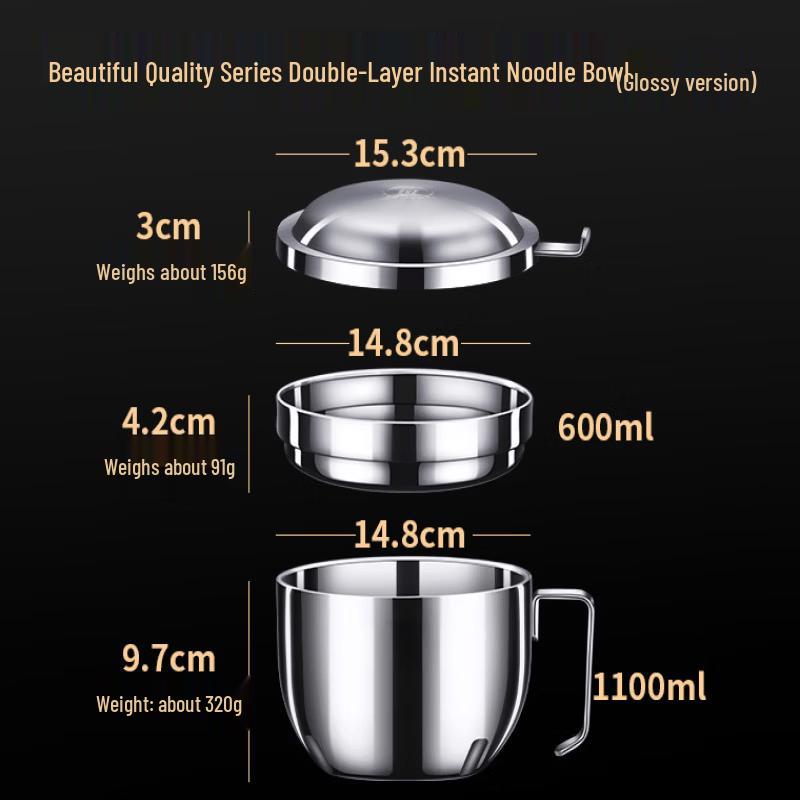 ZISIZ Double-Layer 304 Stainless Steel Instant Noodle Bowl