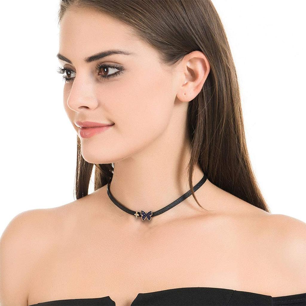 Rockyu Black Leather Collar Choker Necklace for Women, Featuring Zirconia, Gray Diamond, and Butterfly Motif. Adjustable Size. Nazar Boncuk Accessory.