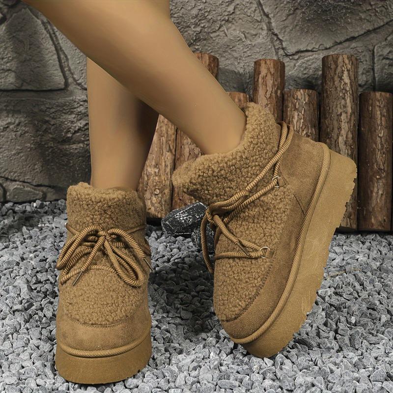 Women's Winter Plush Furry Collar & Cuff Short Boots - Beige Round-Toe Lace-Up Snow Boots with TPR Sole, Warm Cozy Traction Tires for Ice & Snow