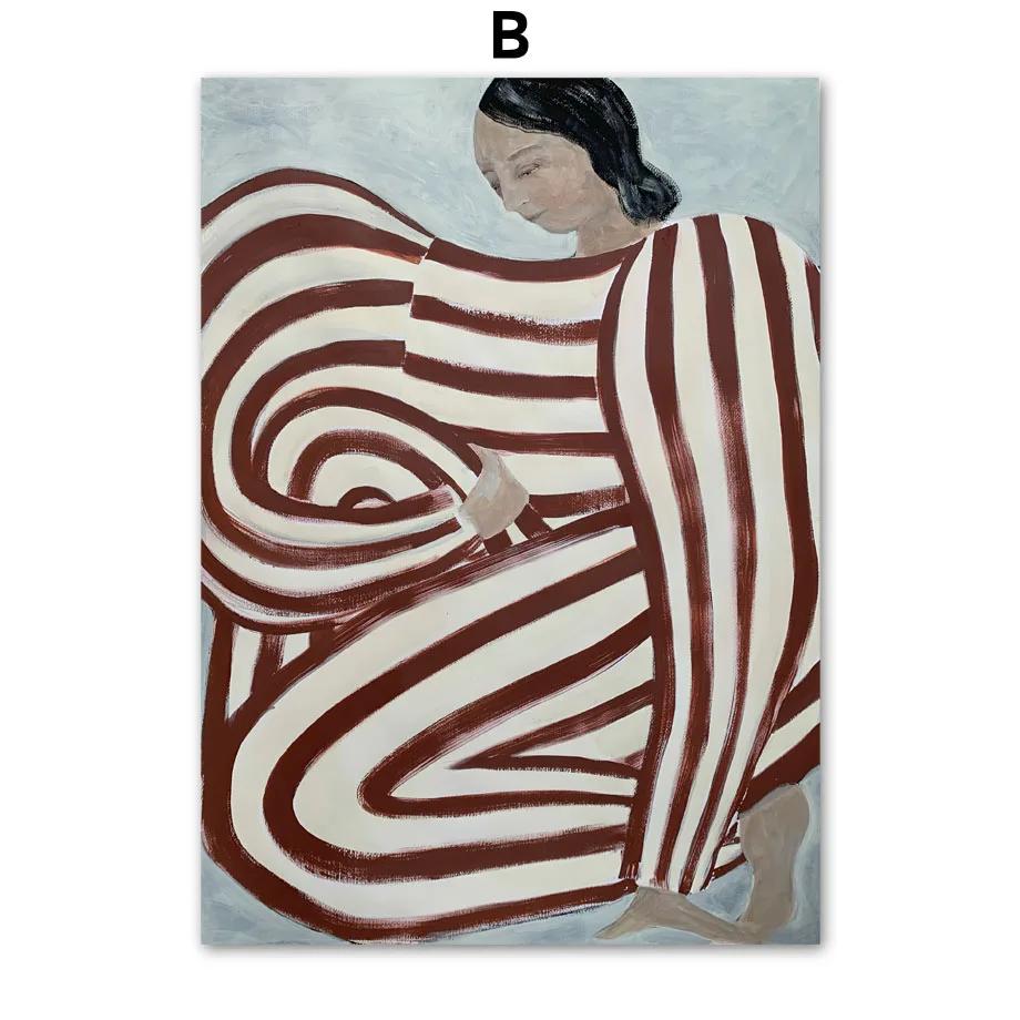 Sofia Lind Striped Pajamas Woman Geometry Leaf Canvas PaintingNordic Poster Wall Art Print  Retro Pictures For Living Room Decor