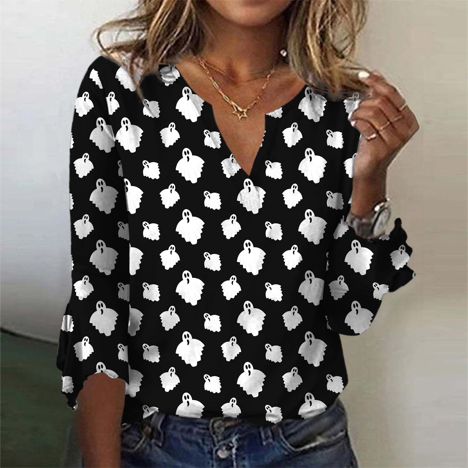 

Women s Top Loose Casual V-neck Halloween Printed Blouses Bell 3/4 Sleeve T-shirt M чорний