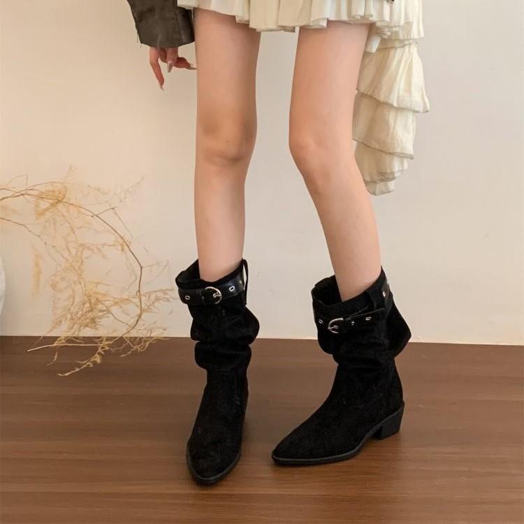 Thick Heel Pointed Head High Folded Tube Pile Boots Women's 0000 New Autumn and Winter Western Cowboy Medium Tube Knight Boots