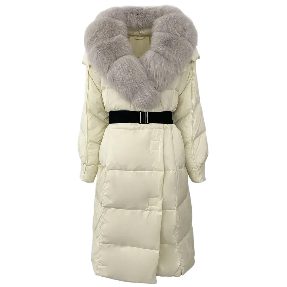 OFTBUY Winter Jacket Women Long Natural Real Raccoon Fox Fur Collar White Duck Down Coat Belt Thick Warm Casual Outerwear