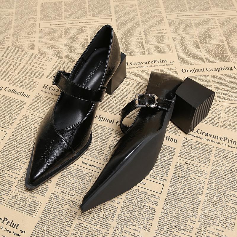 Fashion Designer Vintage Pointed Toe Women Mary Jane Shoes Fashion Shallow Buckle Shoes Spring Ladies Elegant Dress Thick Heel Shoes