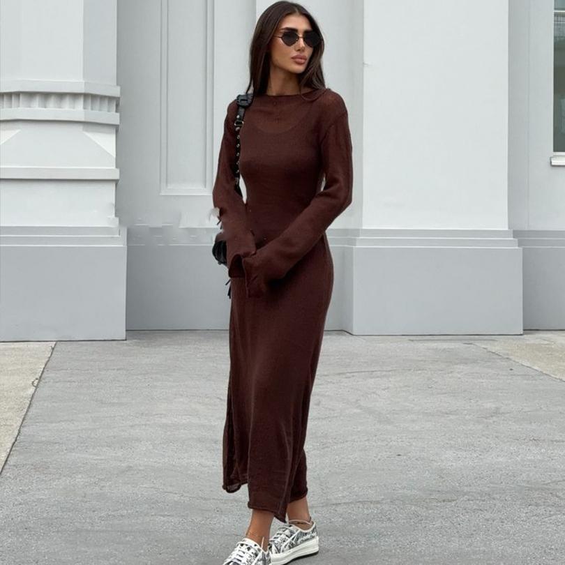 

Женское платье-макси из двух частей, связанное крючком, облегающее платье-свитер из эластичной сетки + облегающее нижнее платье на тонких бретельках, женское платье-халат с длинным рукавом One size