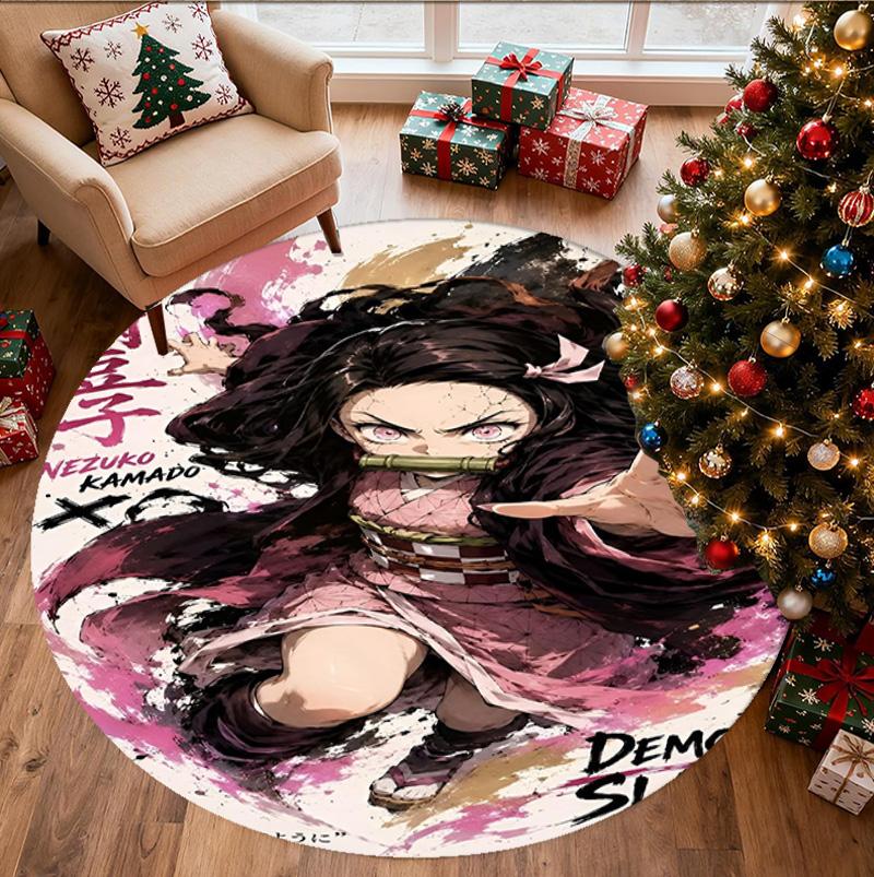 Demon Slayer Pattern Round Rug, Indoor/Outdoor Mat, for Picnic, Gameroom, Bedroom, Office, Living Room, Home Decor Carpet, Birthday Gift