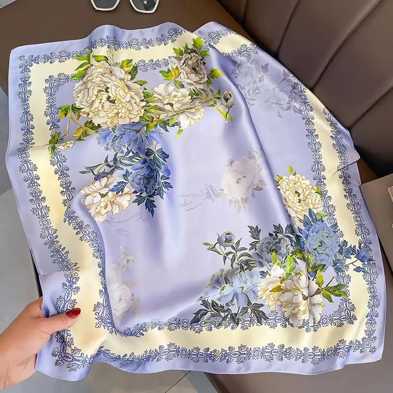 Women's Korean Style Retro Printed Imitation Silk Scarf for Professional and Casual Use