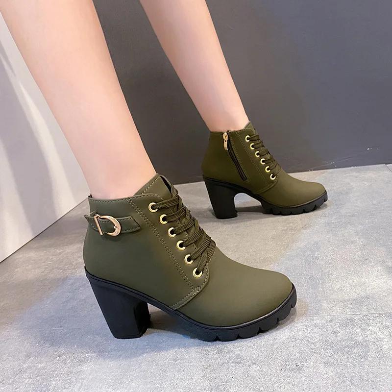Fashion Women Boots Lace Up Ankle Boots Spring Fashion Outdoor Pumps Boots Black Buckle High Heel Boot Plus Size Platform Women Shoes