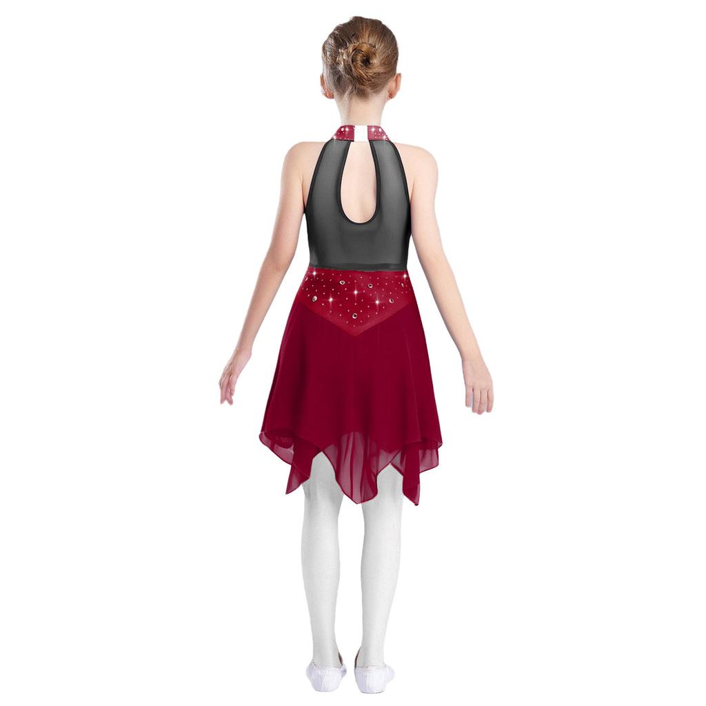 Kids Girls Ice Skating Performance Dress: Sleeveless Keyhole Back Rhinestone Metallic Mesh Bodice with Irregular Chiffon Hem for Competition