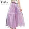 Qooth Women A-line Skirt Wide Hem Polka Dot Chiffon Mid Length Elastic Waist Casual Skirt  QT2632