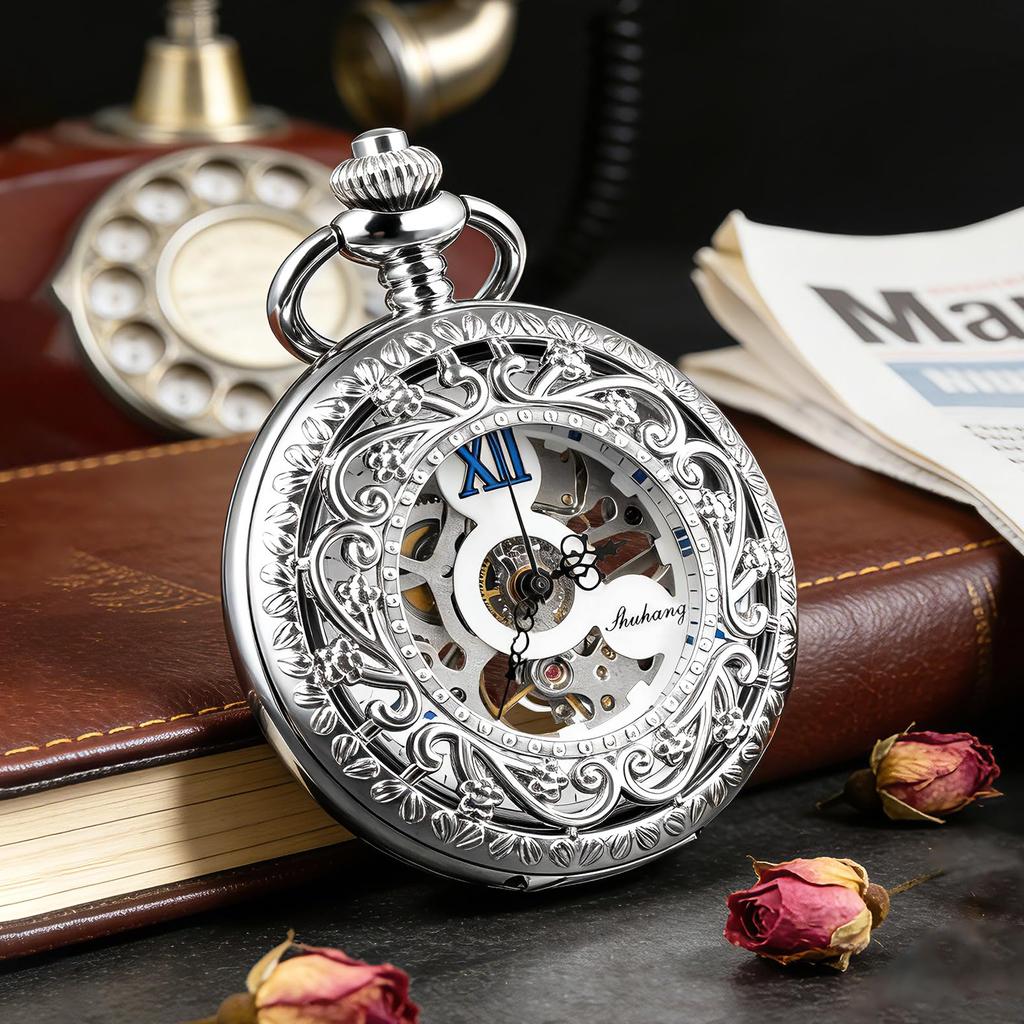 TREEWETO Mechanical Pocket Silver Flower Roman Numerals Watch, Hollow, Vine, Skeleton,