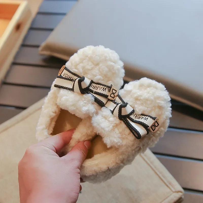 Girls' Princess Shoes Chic Warm Children's Plush Shoes with Simple Bow 2024 Autumn Winter New Girls' Moccasin Casual Soft Sole