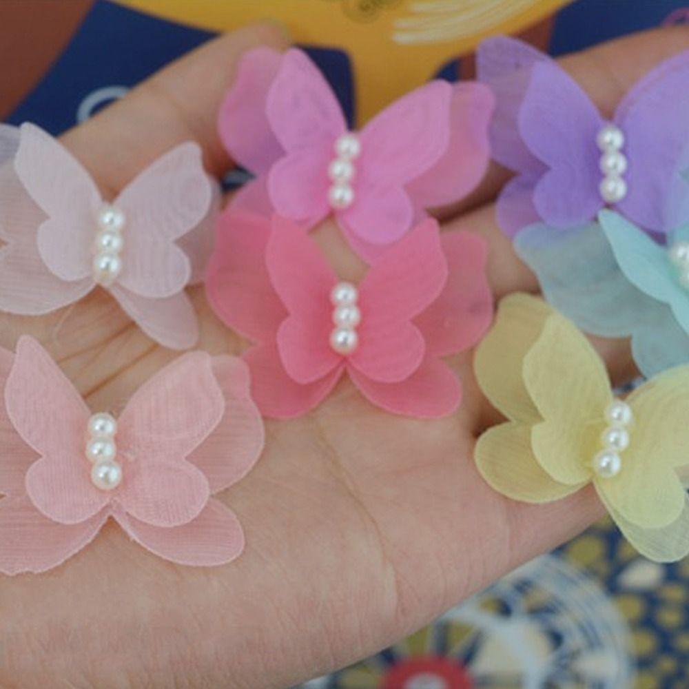 Double-layer Chiffon Pearl Butterfly Embroidered Patches  Bridal Hair Accessories