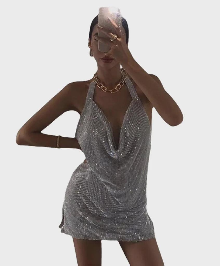 Rhinestone Spaghetti Strap Deep V Backless Nightclub Dress YX1401