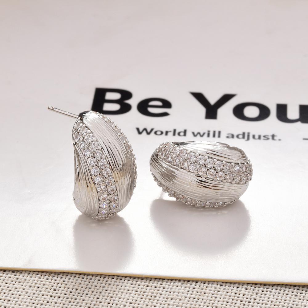 Korean Light Luxury Zircon Stud Earrings Textured Striped Teardrop Earrings Gold Plated Commute Jewelry for Women