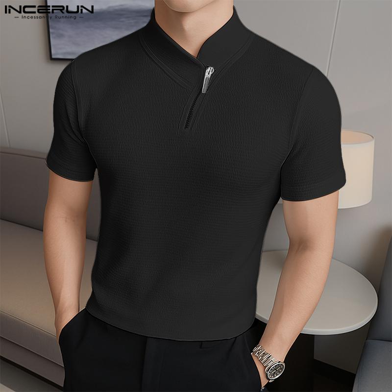 INCERUN Summer Men Short Sleeves Texture Solid Color Tops T-shirts