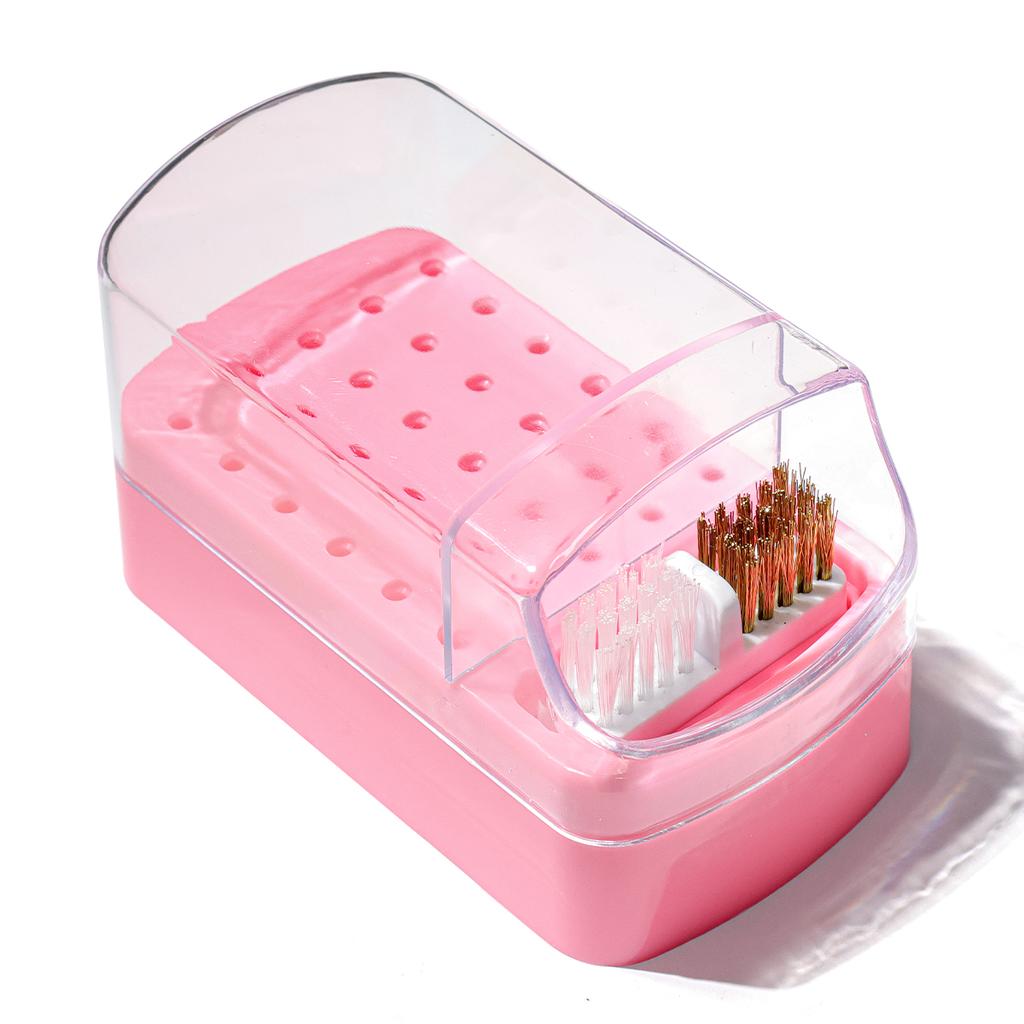 2v1 Hlavička na leštění nehtů Čisticí box na prach 30 otvorů Organizér na hlavičky laků na nehty Akrylový přenosný organizér Prachotěsný