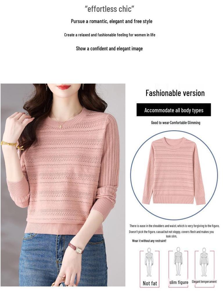 Women's Early Autumn Pink Cutout Knitwear: Gentle Style, Loose Fit, Slimming, Round Neck, Long Sleeve Top.