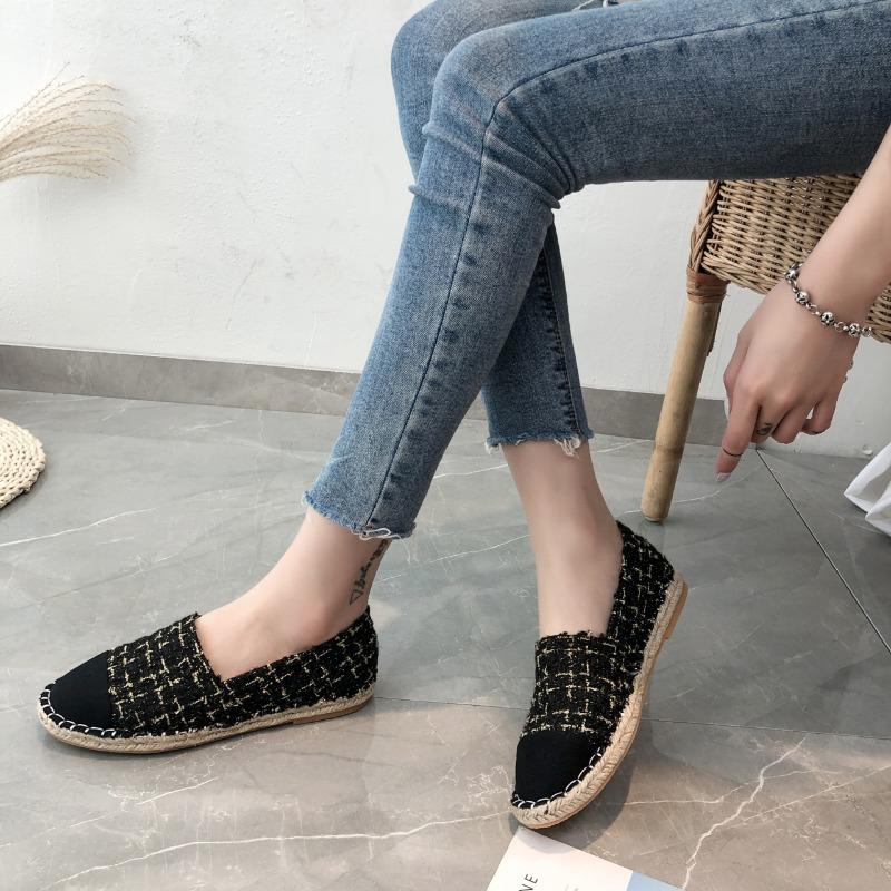 Women's Cloth Shoes Fashion Strip Plaid Tweed Straw Shoes Retro Flax Espadrilles Female Flats Slip-on Loafers Beach Casual Shoes
