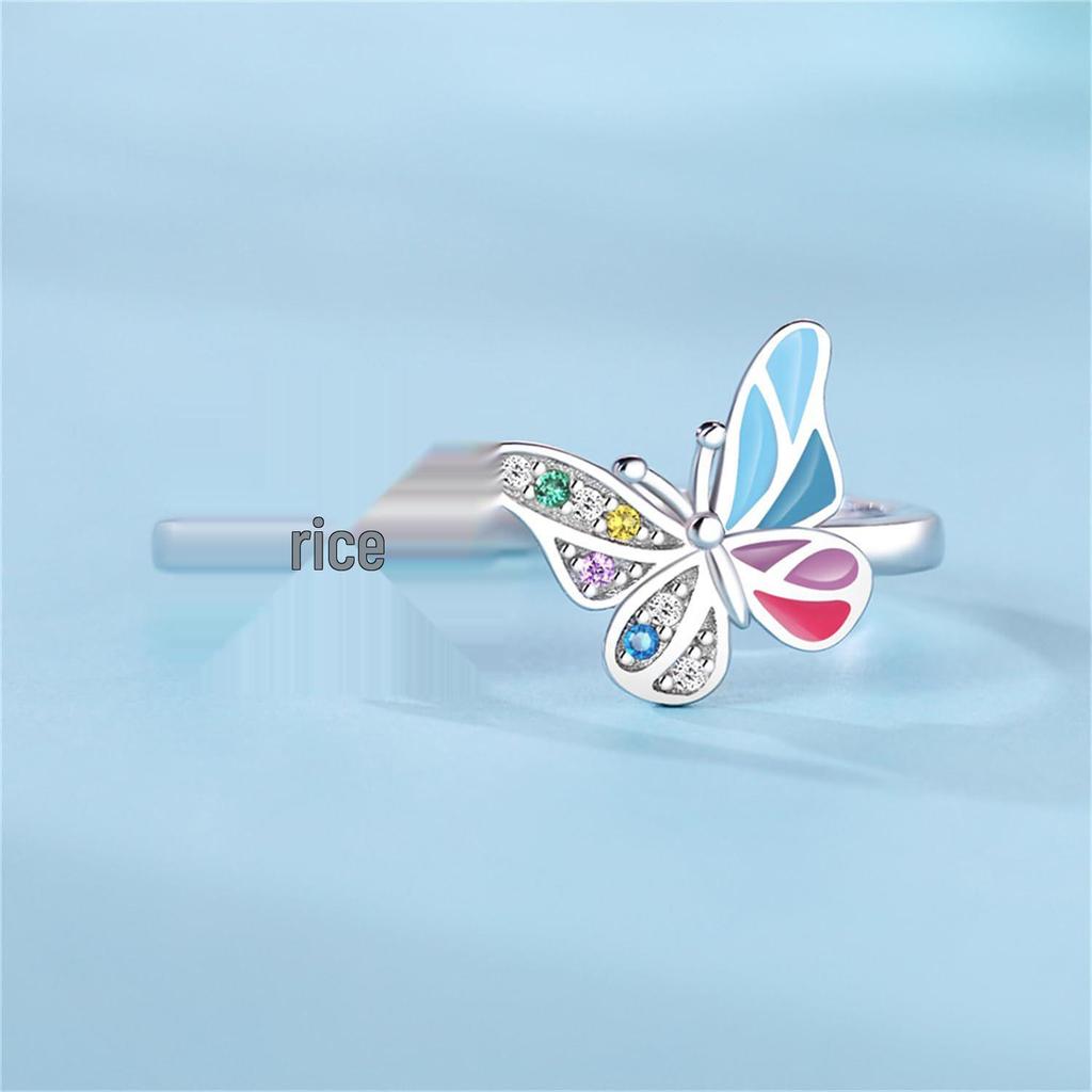 Luxurious Adjustable Enamel Butterfly Ring with Colored Diamonds for Women