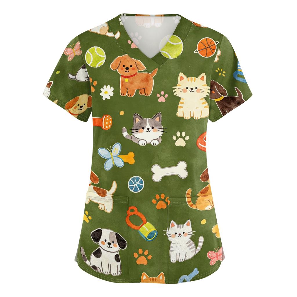 Women's V Neck Short Sleeve Work Top with Pockets Animal Print Medical Scrub Shirt for Healthcare Professionals Comfortable Fit Durable Fabric