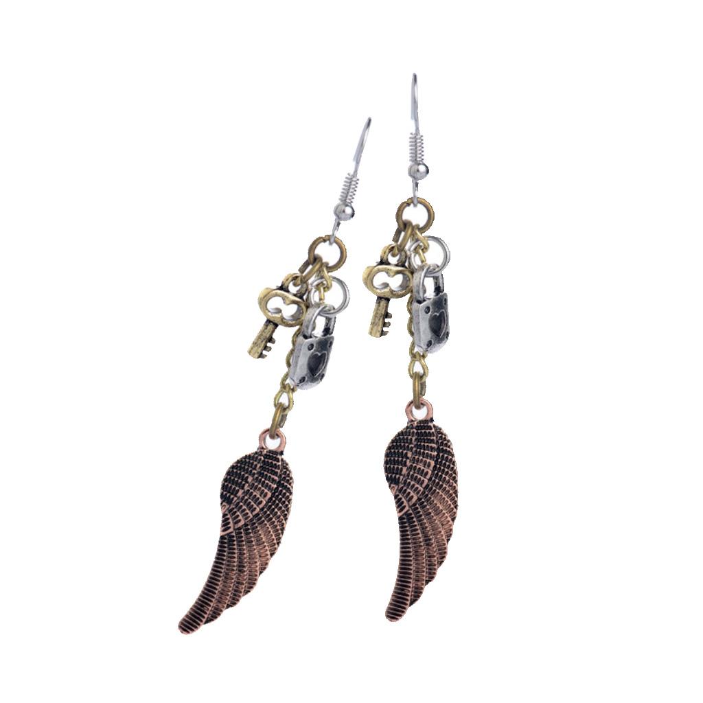 Women Steampunk Vintage Key Lock Angel Wing Dangle Earrings