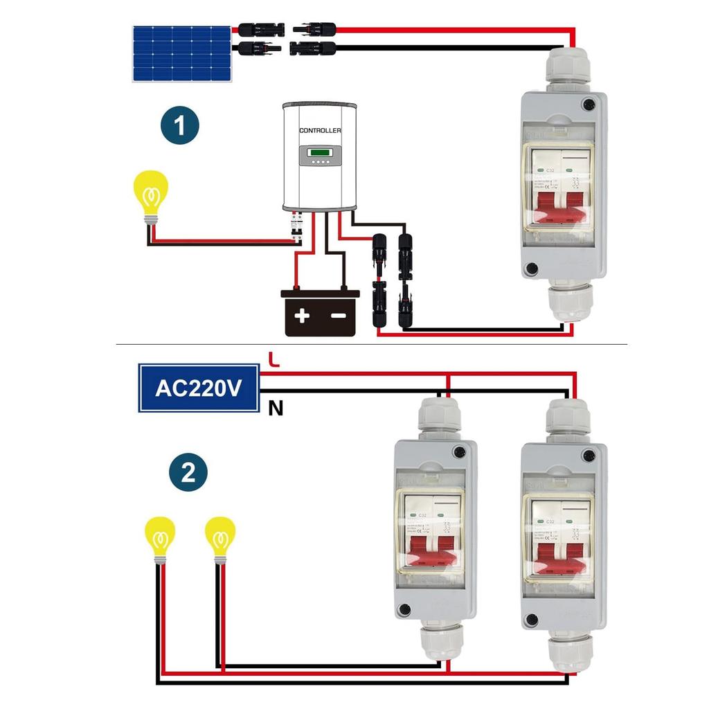 DC Circuit Breaker, 500V 32A Solar Panel Disconnect Switch, IP65 Waterproof Distribution Box Solar Isolator Switch (with Cable and PV Connector)