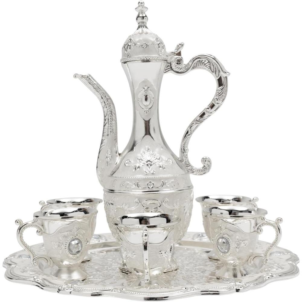 Turecká čajová souprava Vintage kovová Turecká kávová souprava pro domácí dekoraci Narozeniny Vánoce Svatba Restaurace Hotel (stříbrný)