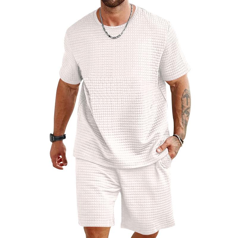 Mens Casual Two Piece Outfit Waffle Knit Short Sleeve T Shirt And Drawstring Shorts Set