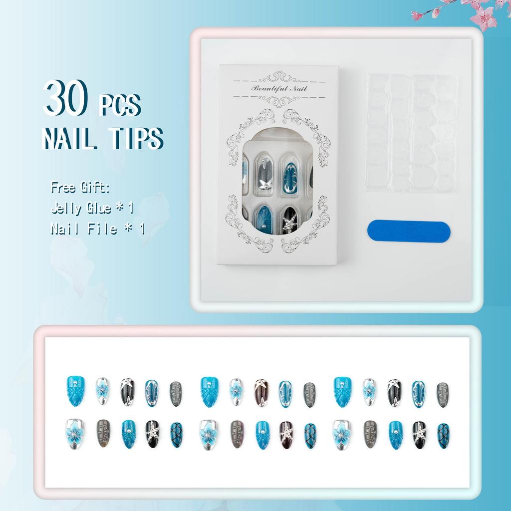 Gold-Plated Almond 3D Rhinestone Floral Nail Art Set (30 Pieces)