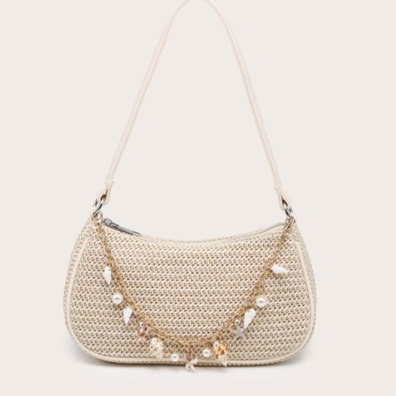 Beige Khaki Straw Woven Fany Hobo Bag, Gold Chain Underarm Purse with Ocean Shell Charms, Summer Beach Shoulder Bags for Women