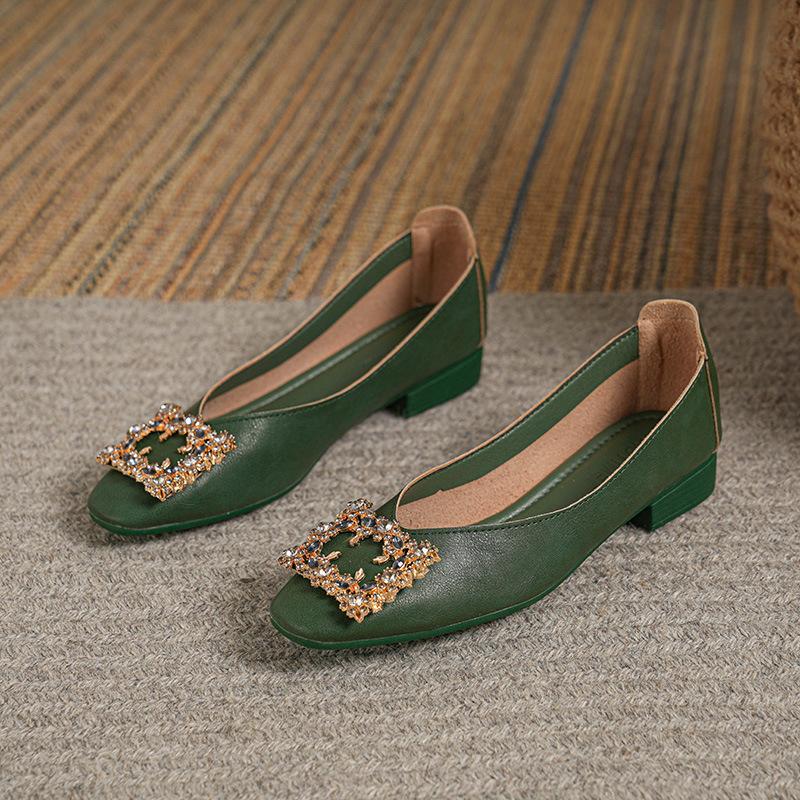 

Туфли-лодочки с квадратным носком, на низком каблуке, с неглубоким вырезом, женские, из натуральной кожи, туфли для мамы, модели весна-осень 2025, на плоской подошве, рабочие туфли, черные 41 оливковое зеленый