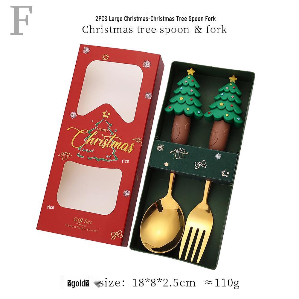 Reindeer Cartoon Christmas Spoon & Fork Set - Cute Stainless Steel Gift in Color Box