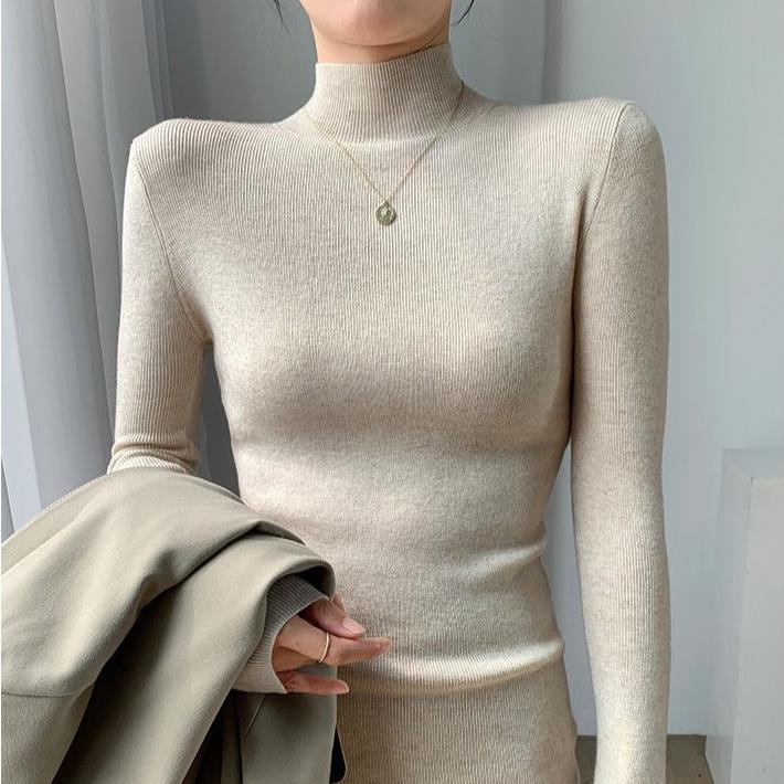 Women's Knitted Jumper Autumn Winter Half-high Neck SlimLong-sleeved Pullover Sweater Women's Knitted Bottoming Shirt