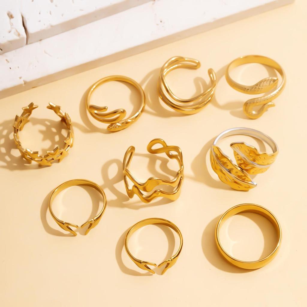 Gold Snake & Star Stainless Steel Adjustable Ring Set (9 Pieces)