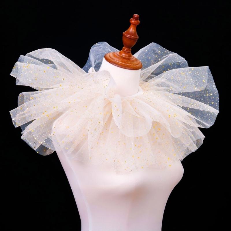 Victorian Sparkling Dots Layered Mesh Tulle Detachable Neck Ruff Ruffled Faux Collar Shawl for Halloween Clown Choker
