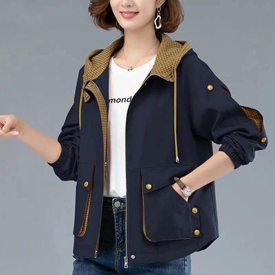 Women's Spring and Autumn Hooded Jacket Zipper Multi-Pocket Coat Short Casual Printed Jacket